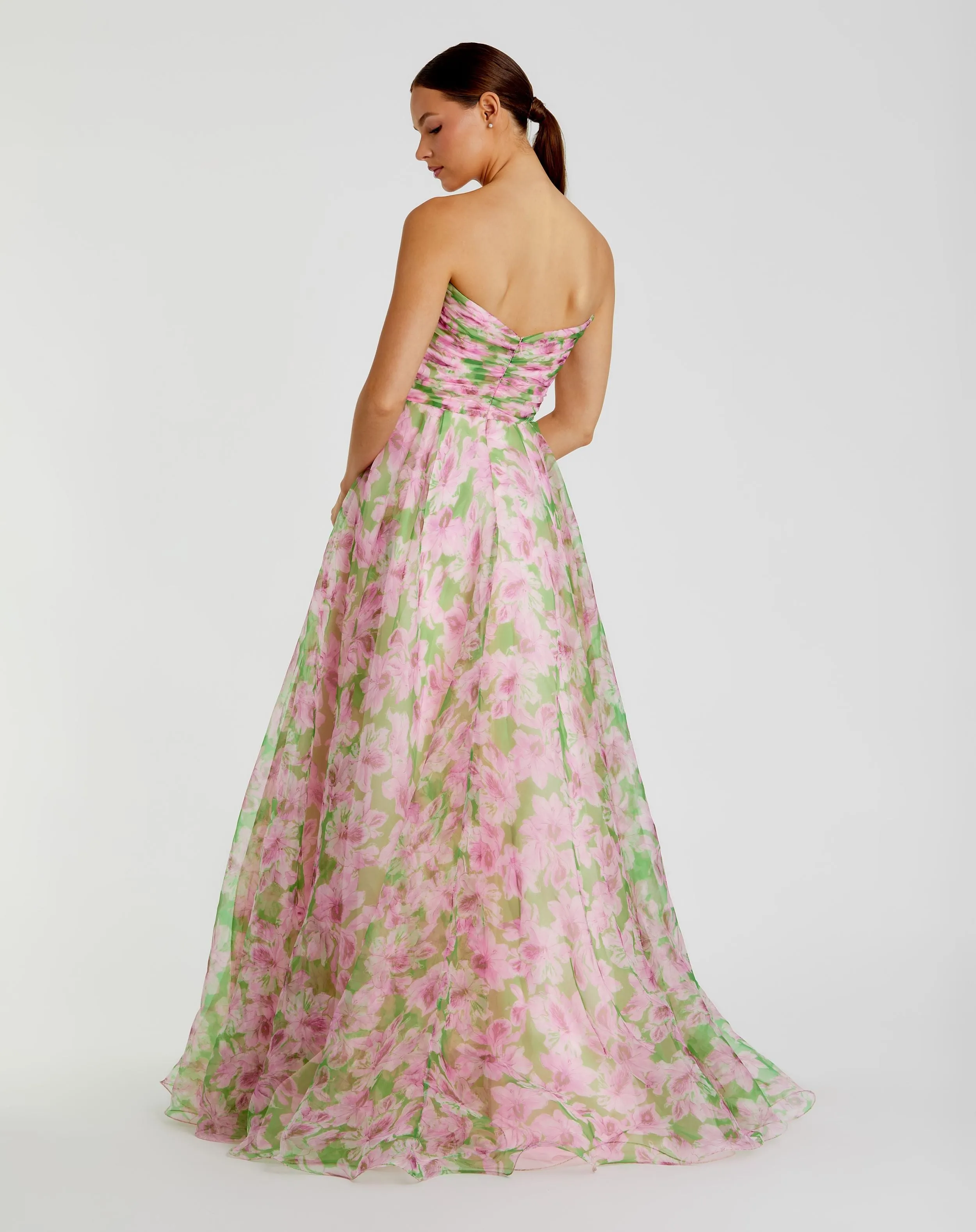 Pink Strapless Floral Chiffon Gown with Ruched Detail sold by Mac Duggal product image thumbnail 3