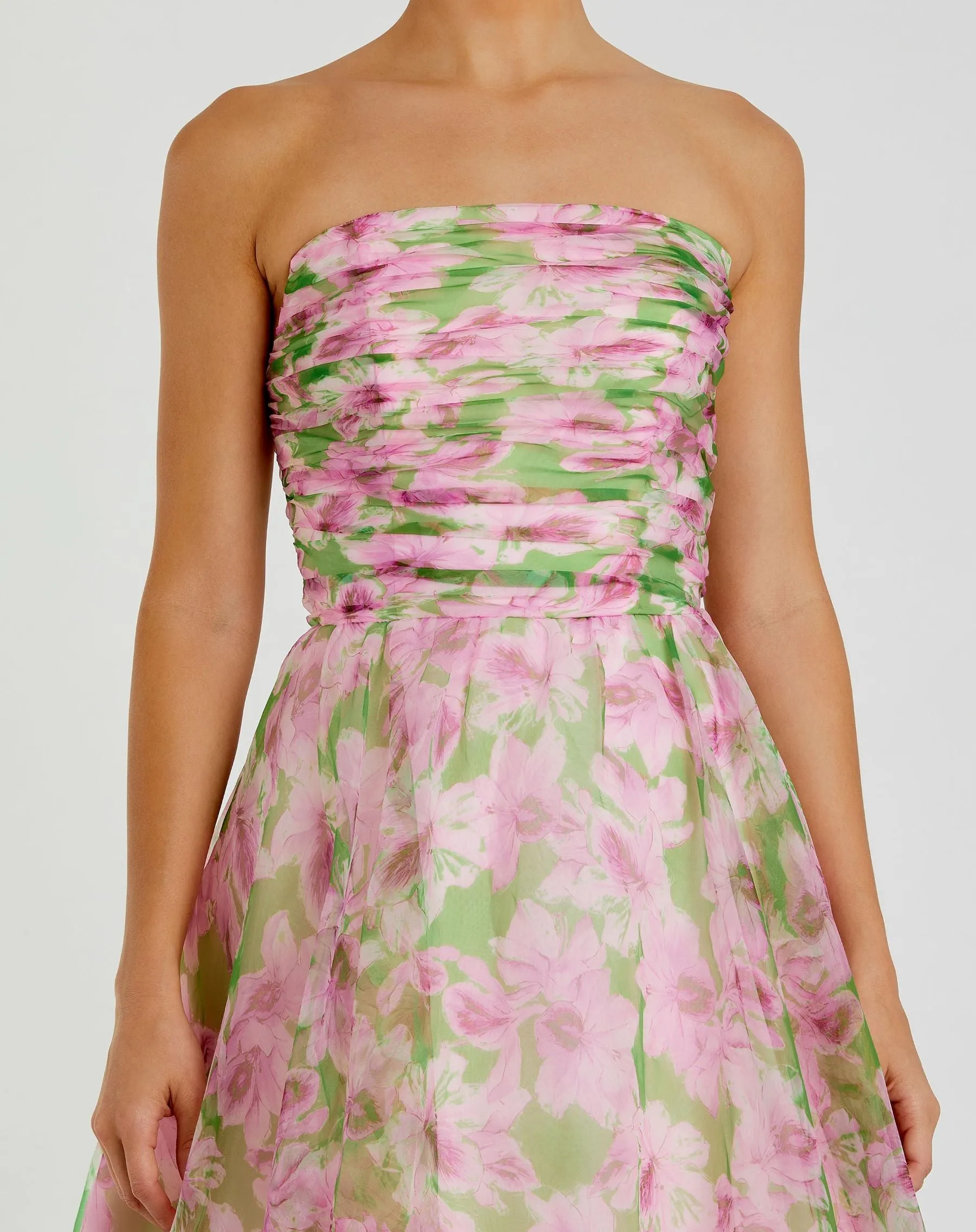 Pink Strapless Floral Chiffon Gown with Ruched Detail sold by Mac Duggal product image thumbnail 2