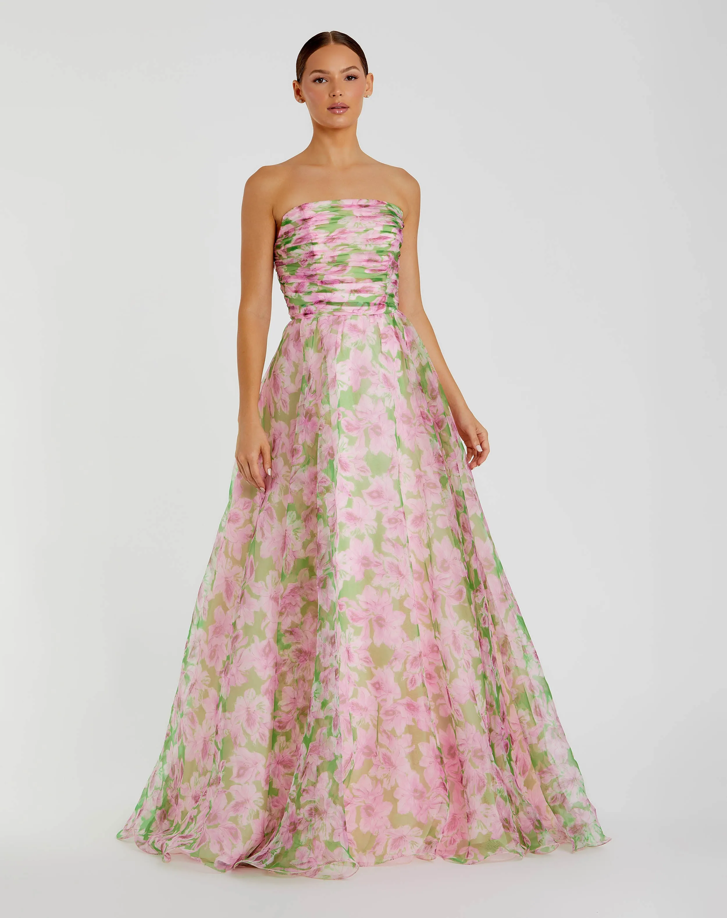 Pink Strapless Floral Chiffon Gown with Ruched Detail sold by Mac Duggal