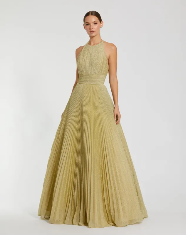Gold Shimmering Pleated High Neck Ball Gown sold by Mac Duggal