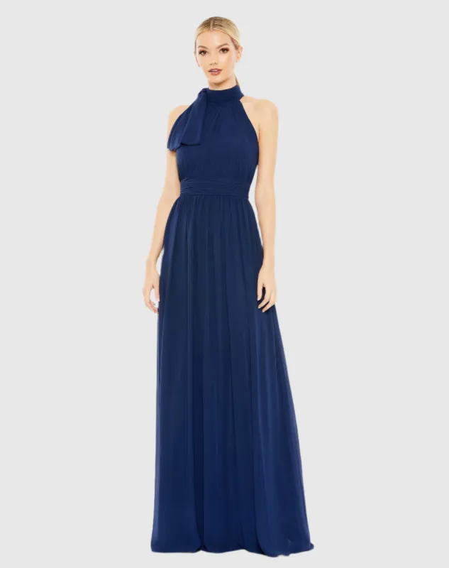Navy High Neck Chiffon Gown sold by Mac Duggal