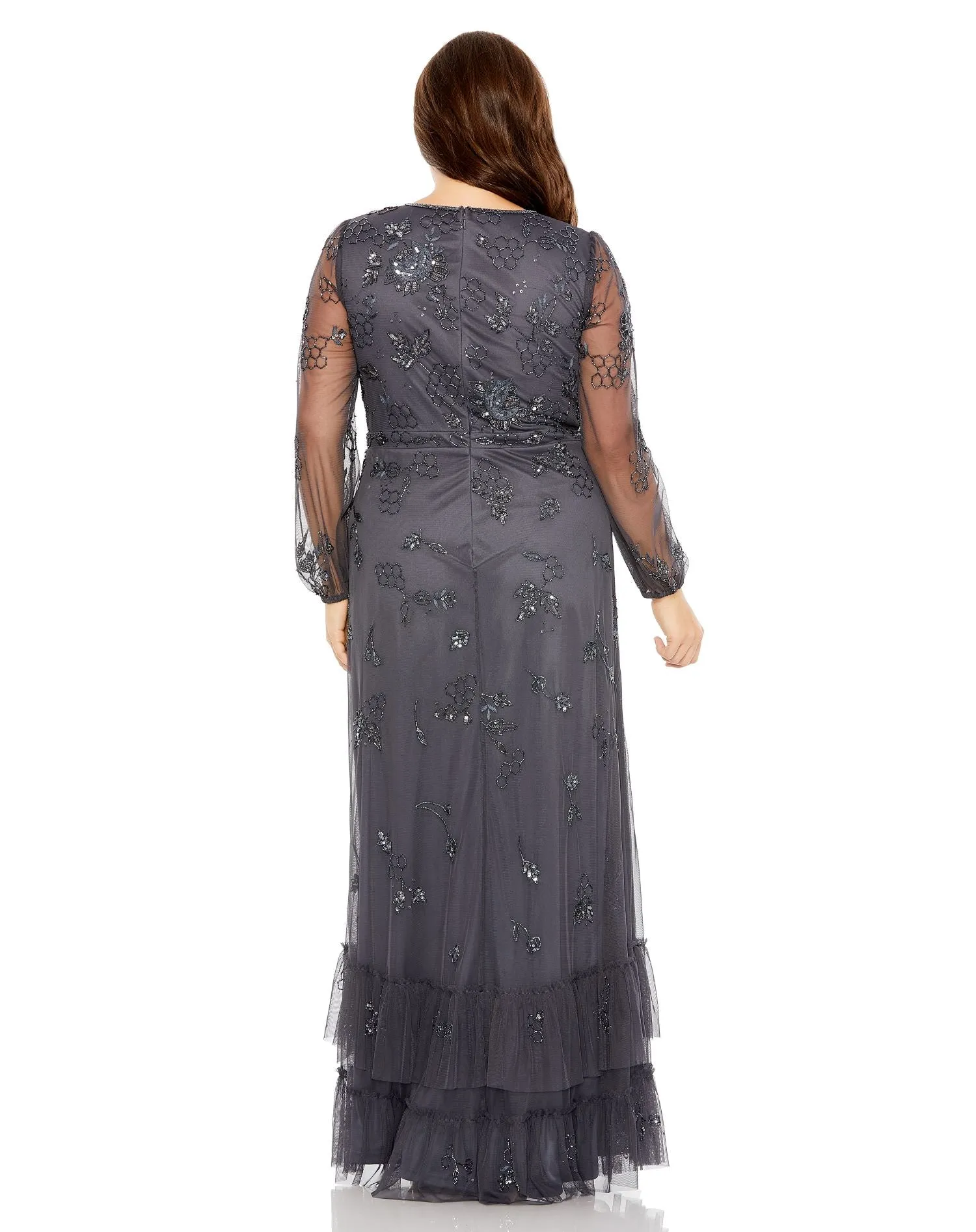 Gray Long Sleeve Embellished V-Neck Gown (Plus) sold by Mac Duggal product image thumbnail 3