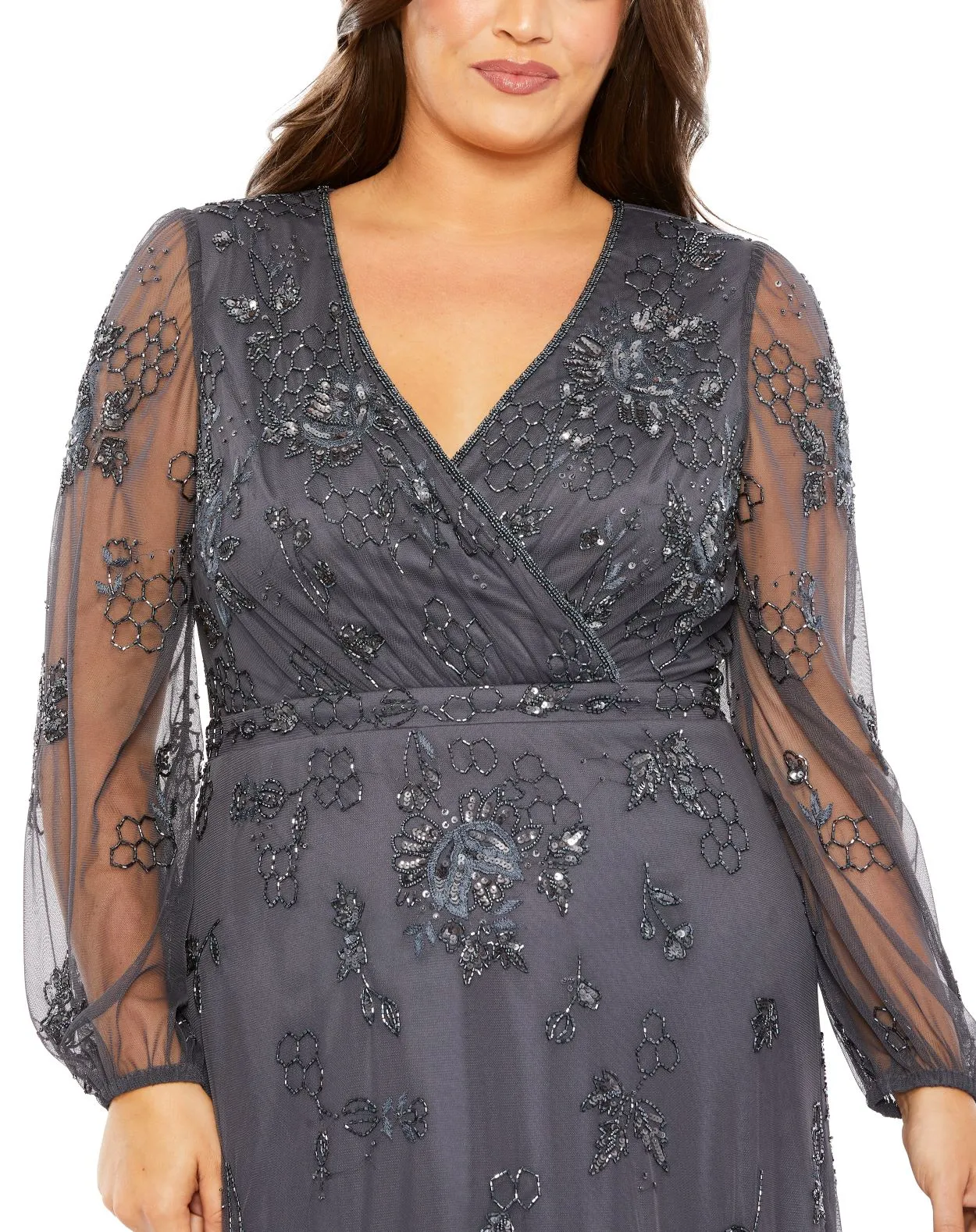 Gray Long Sleeve Embellished V-Neck Gown (Plus) sold by Mac Duggal product image thumbnail 2