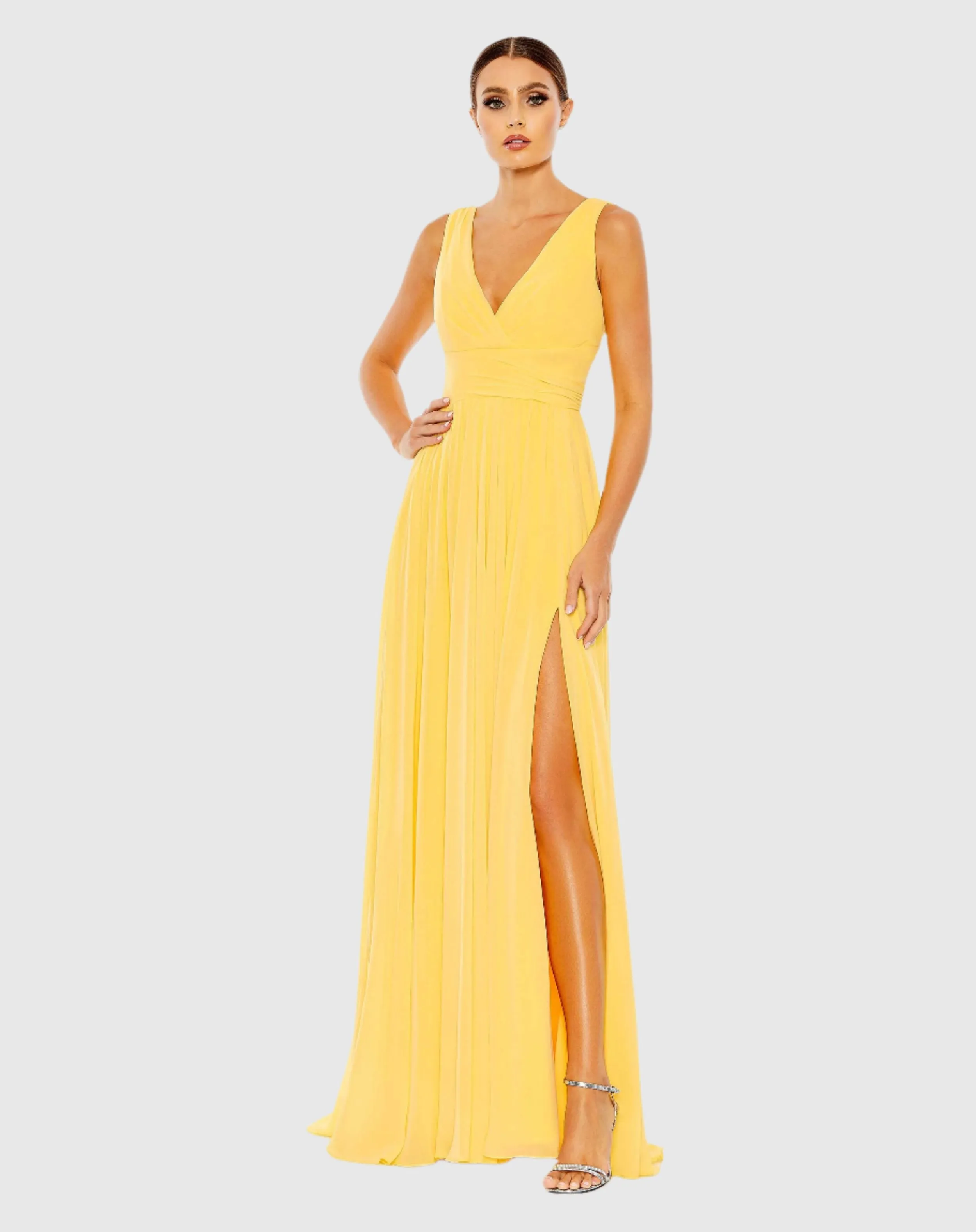 Yellow Chiffon Sleeveless Wrap Over A Line Gown sold by Mac Duggal