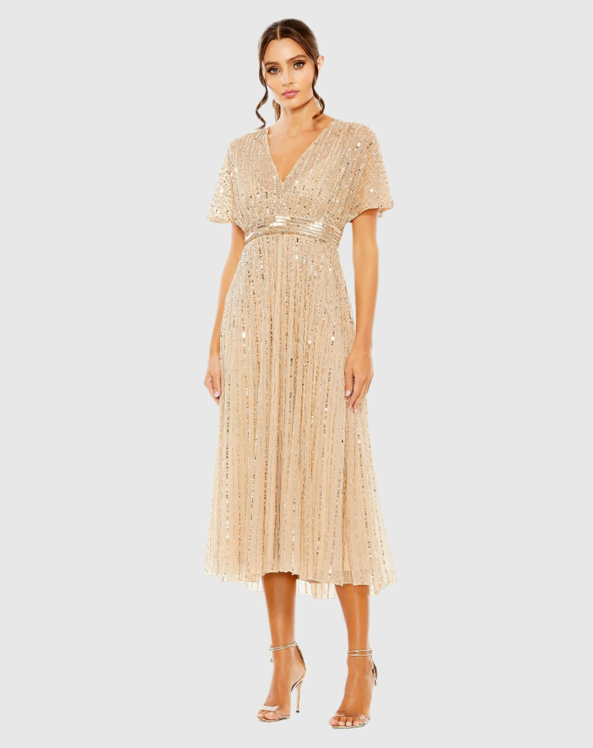 Beige Embellished Short Sleeve Empire Waist Dress sold by Mac Duggal