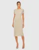 Beige High Neck Short Sleeve Embellished Midi Sheath Dress sold by Mac Duggal