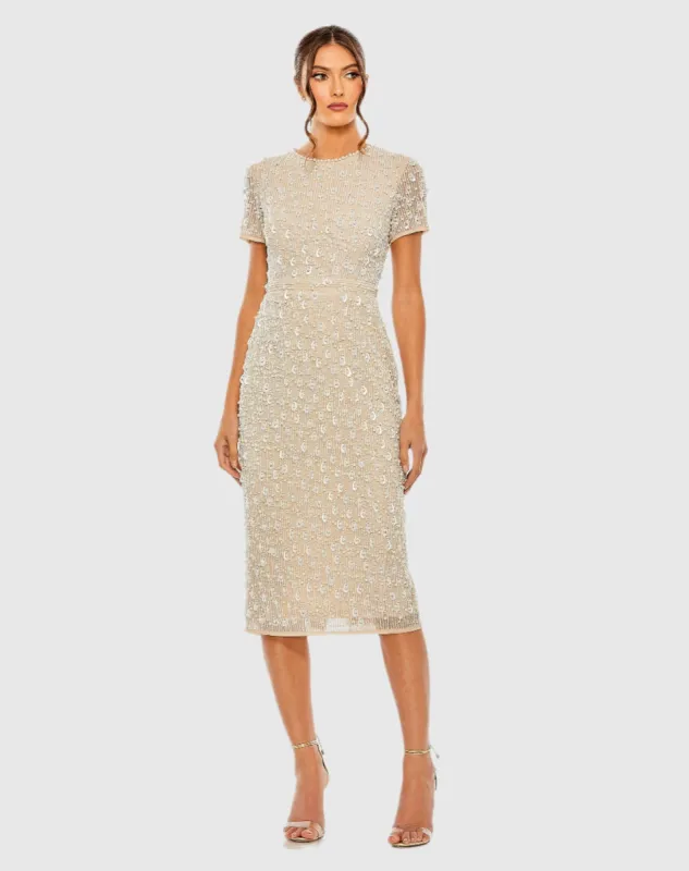 Beige High Neck Short Sleeve Embellished Midi Sheath Dress sold by Mac Duggal