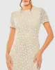 Beige High Neck Short Sleeve Embellished Midi Sheath Dress sold by Mac Duggal