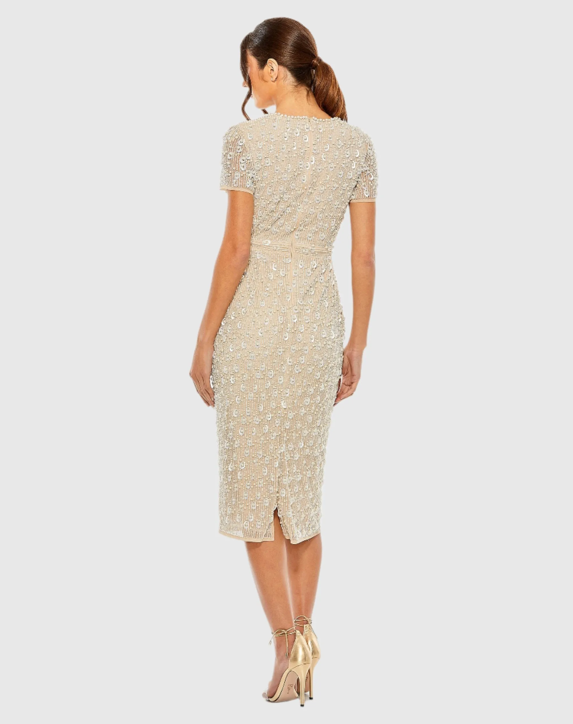 Beige High Neck Short Sleeve Embellished Midi Sheath Dress sold by Mac Duggal product image thumbnail 3