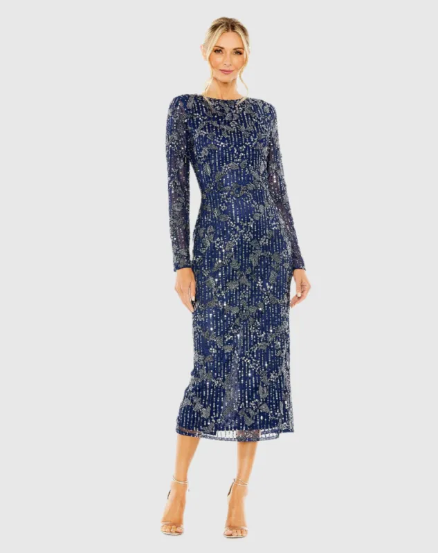 Navy High Neck Long Sleeve Embellished Dress sold by Mac Duggal