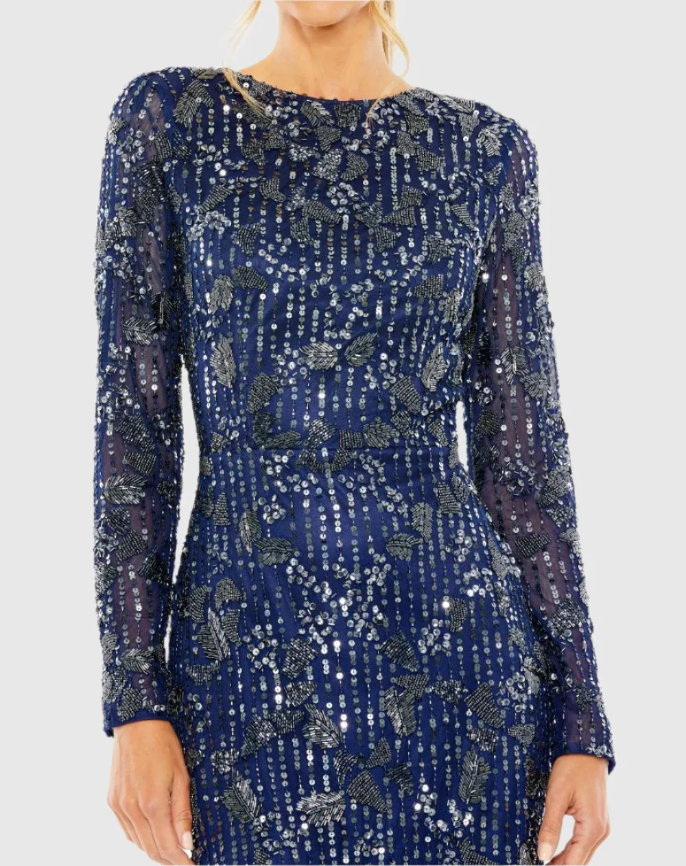 Navy High Neck Long Sleeve Embellished Dress sold by Mac Duggal product image thumbnail 2