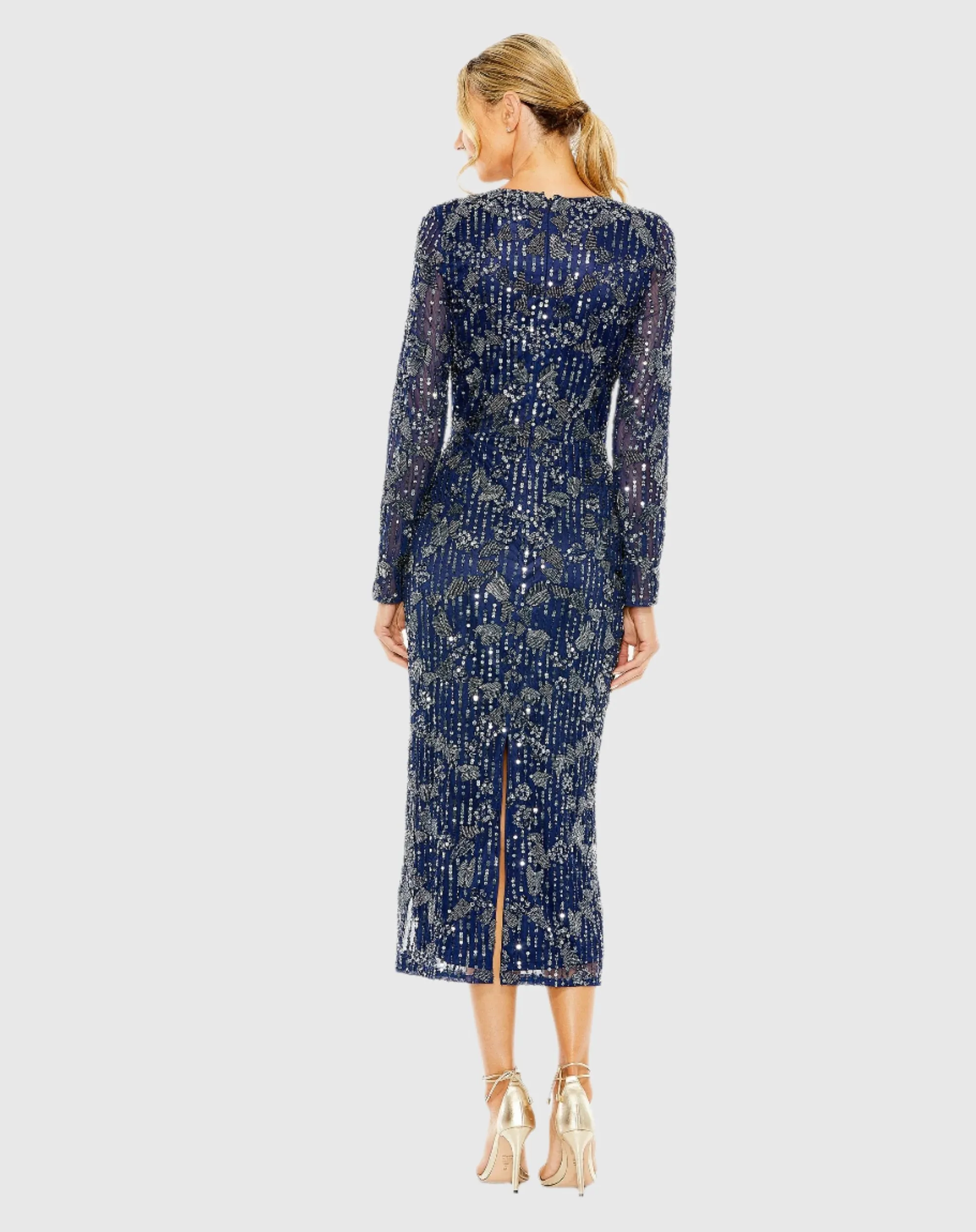 Navy High Neck Long Sleeve Embellished Dress sold by Mac Duggal product image thumbnail 3
