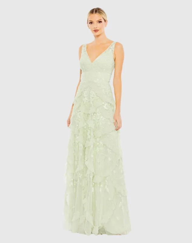Green Sequined Scallop Ruffle Tiered V-Neck Gown sold by Mac Duggal