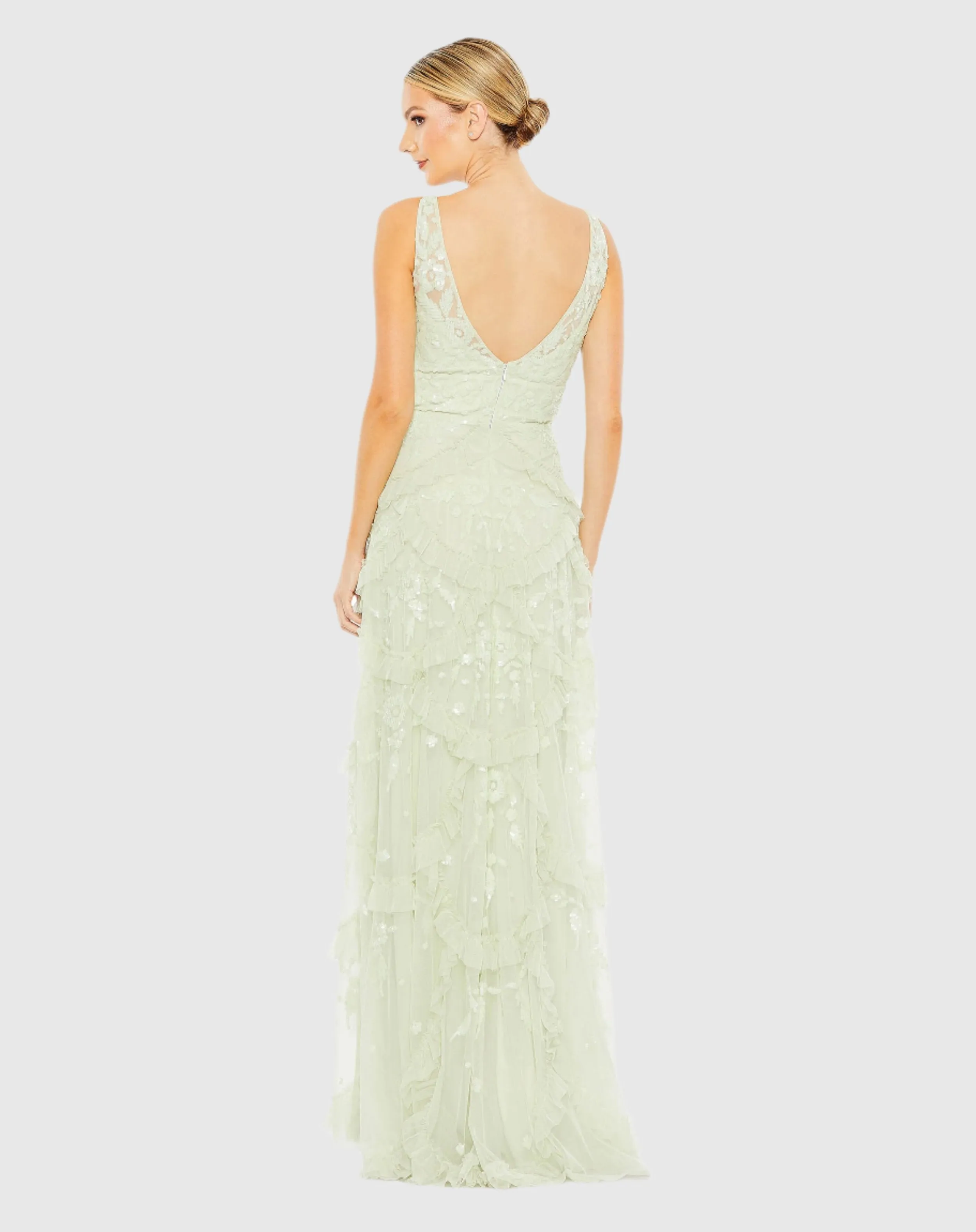 Green Sequined Scallop Ruffle Tiered V-Neck Gown sold by Mac Duggal product image thumbnail 3
