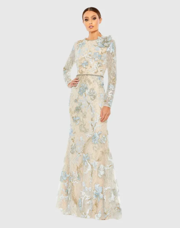 Blue and Beige Floral Embroidered Lace Trumpet Gown sold by Mac Duggal