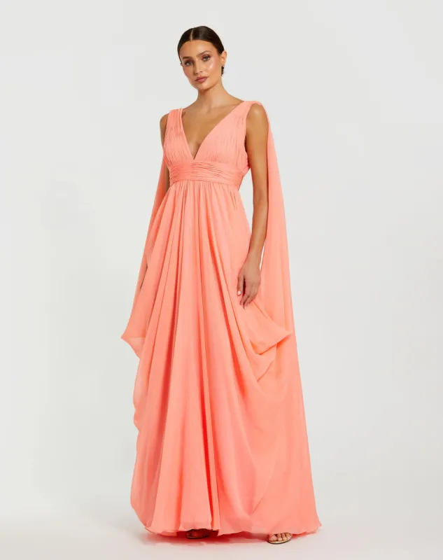 Pink V-Neck A-Line Chiffon Gown with Draped Details sold by Mac Duggal