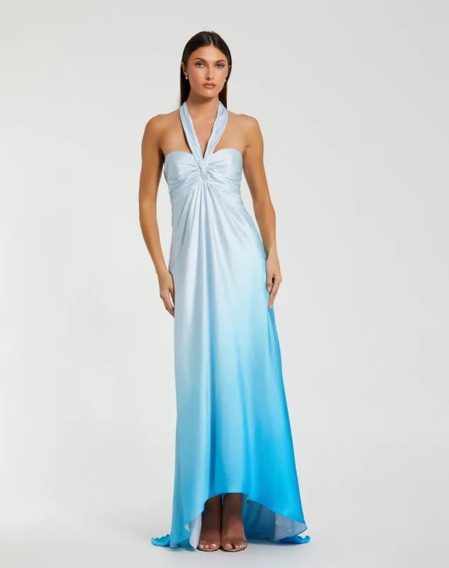 Blue Charmeuse Tie Halter Neck Ombre Gown sold by Mac Duggal