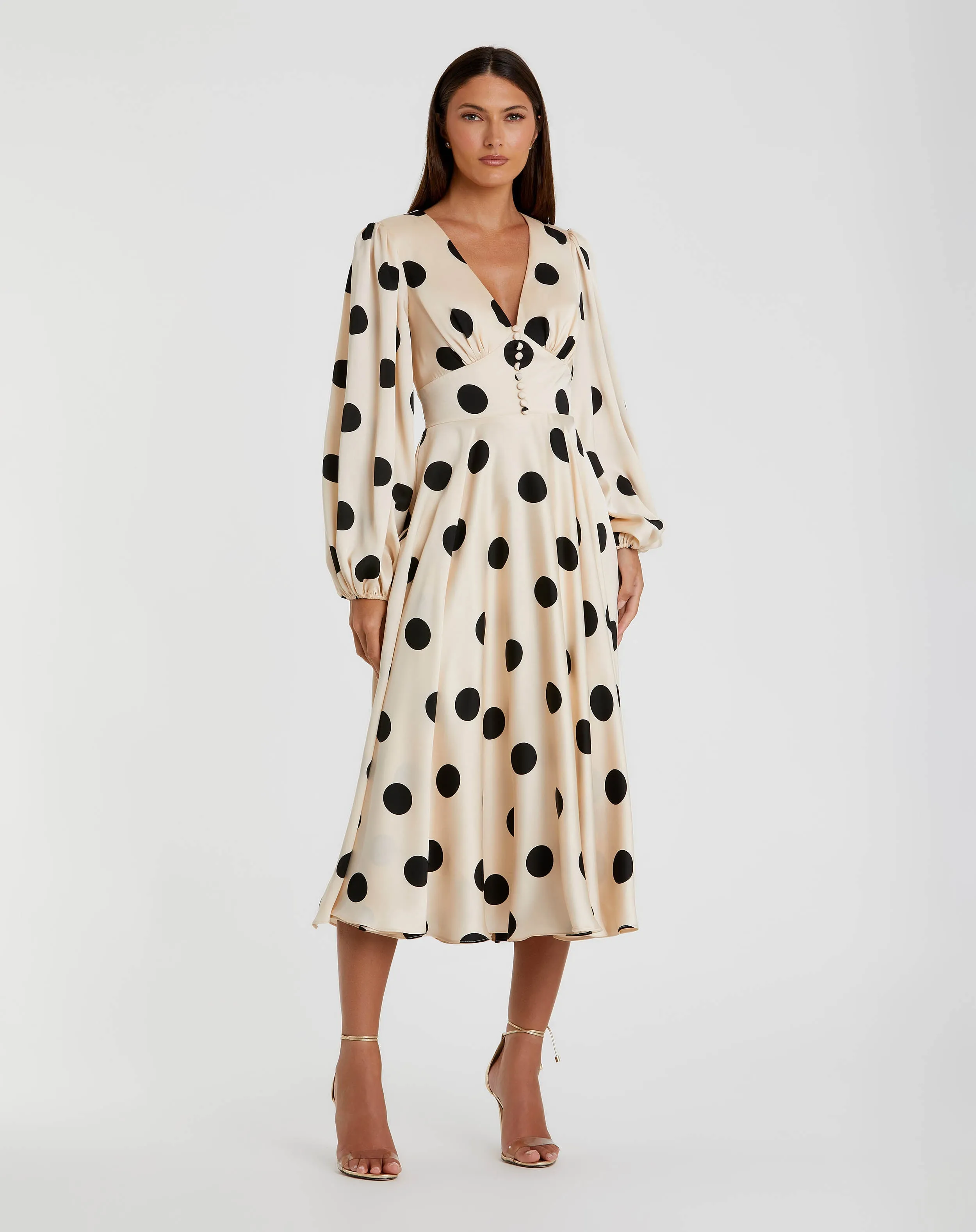Beige Polka Dot Charmeuse Long Sleeve V Neck Midi Dress sold by Mac Duggal