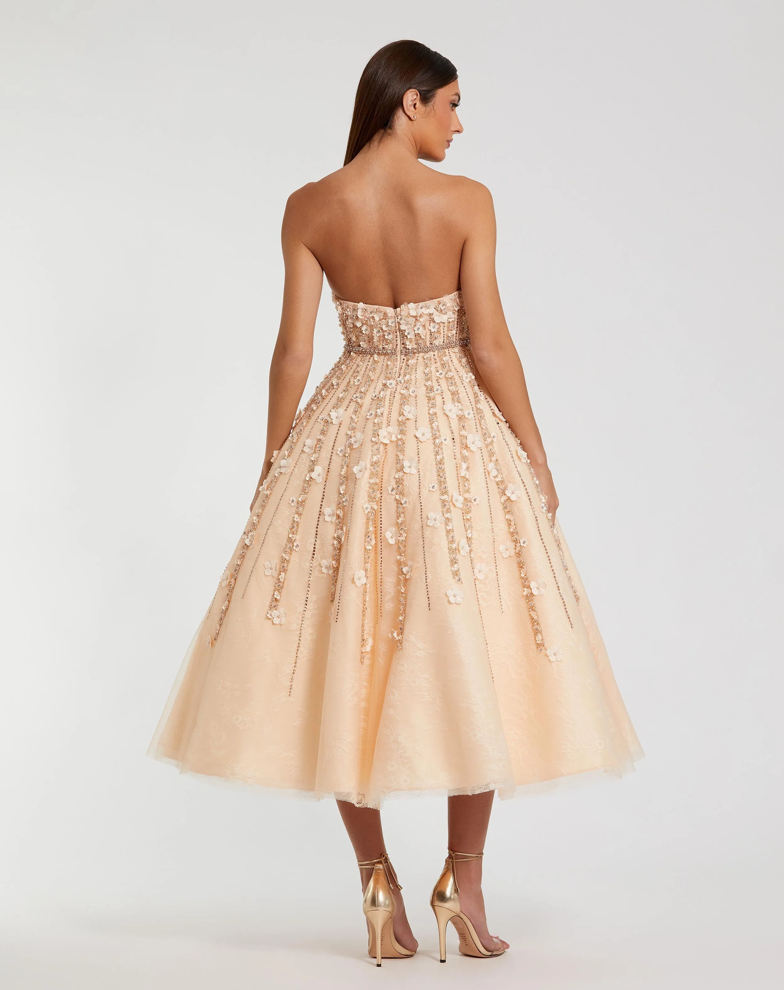 Beige Embellished Lace Strapless A Line Midi Dress sold by Mac Duggal product image thumbnail 3