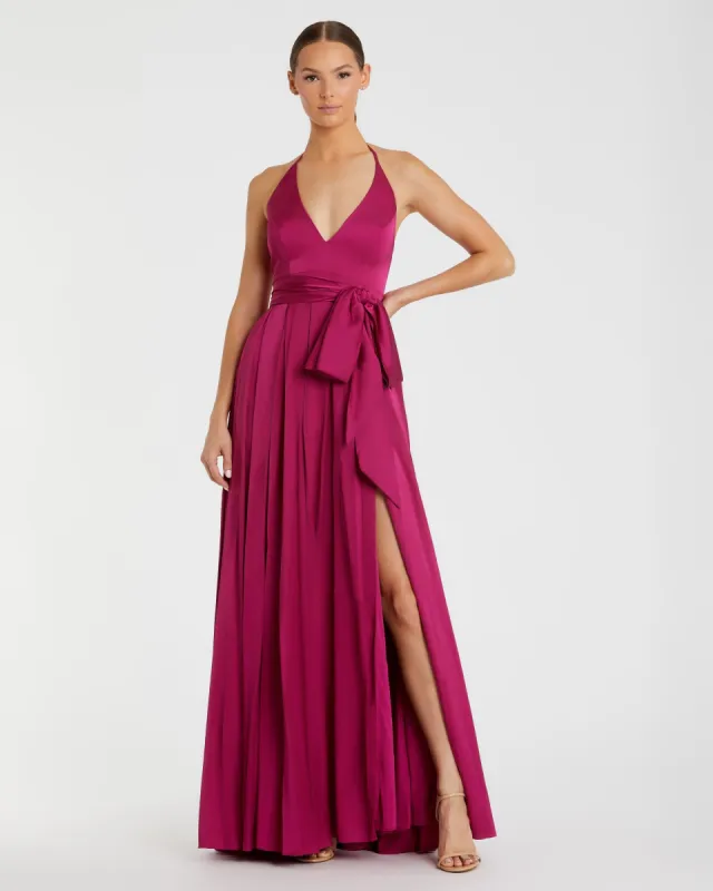 Charmeuse Halter Strap Soft Tie Waist Gown sold by Mac Duggal