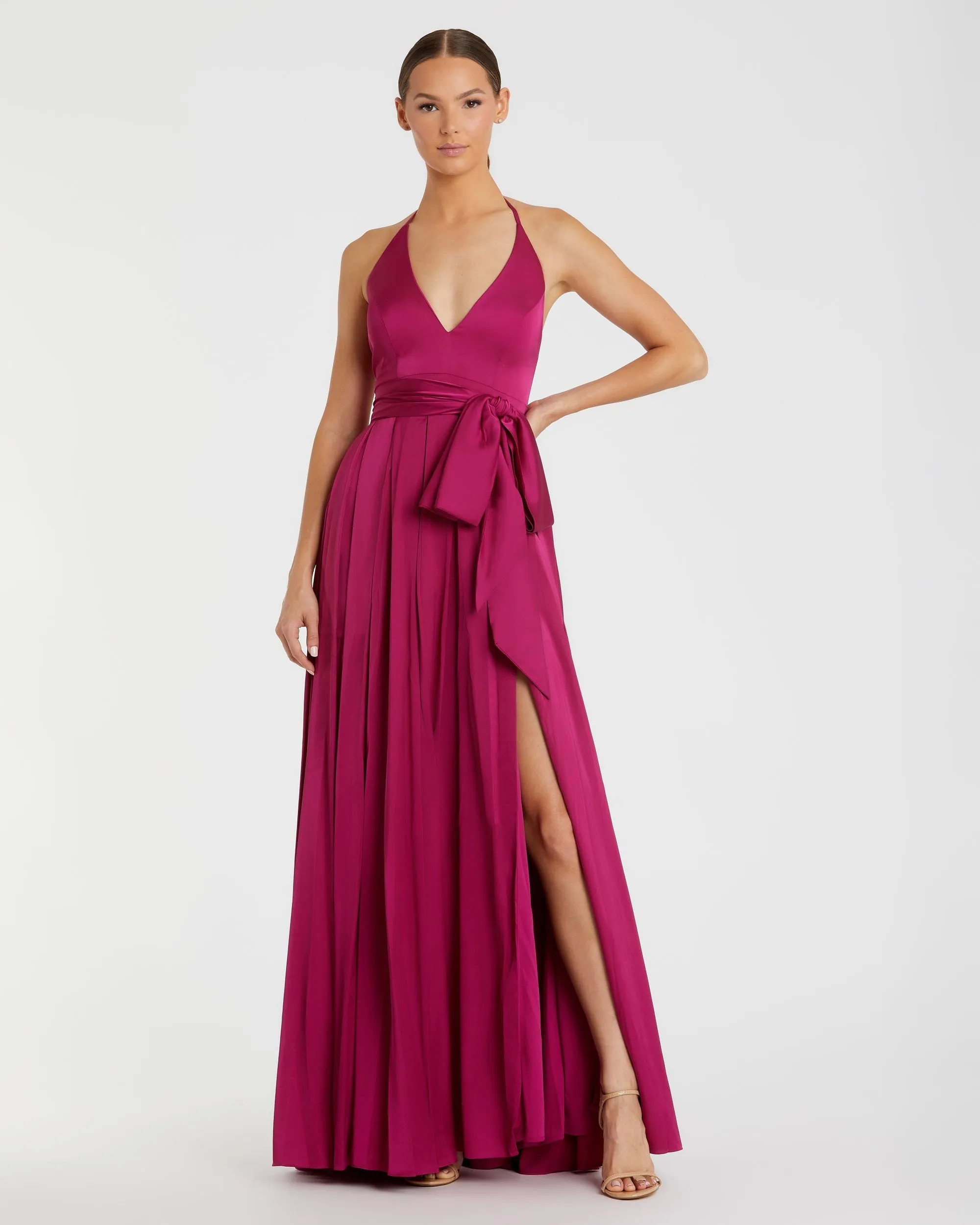 Charmeuse Halter Strap Soft Tie Waist Gown sold by Mac Duggal