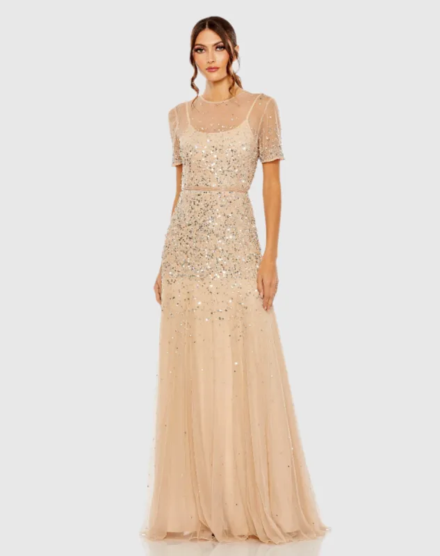 High Neck Short Sleeve Sequin Embellished Gown sold by Mac Duggal