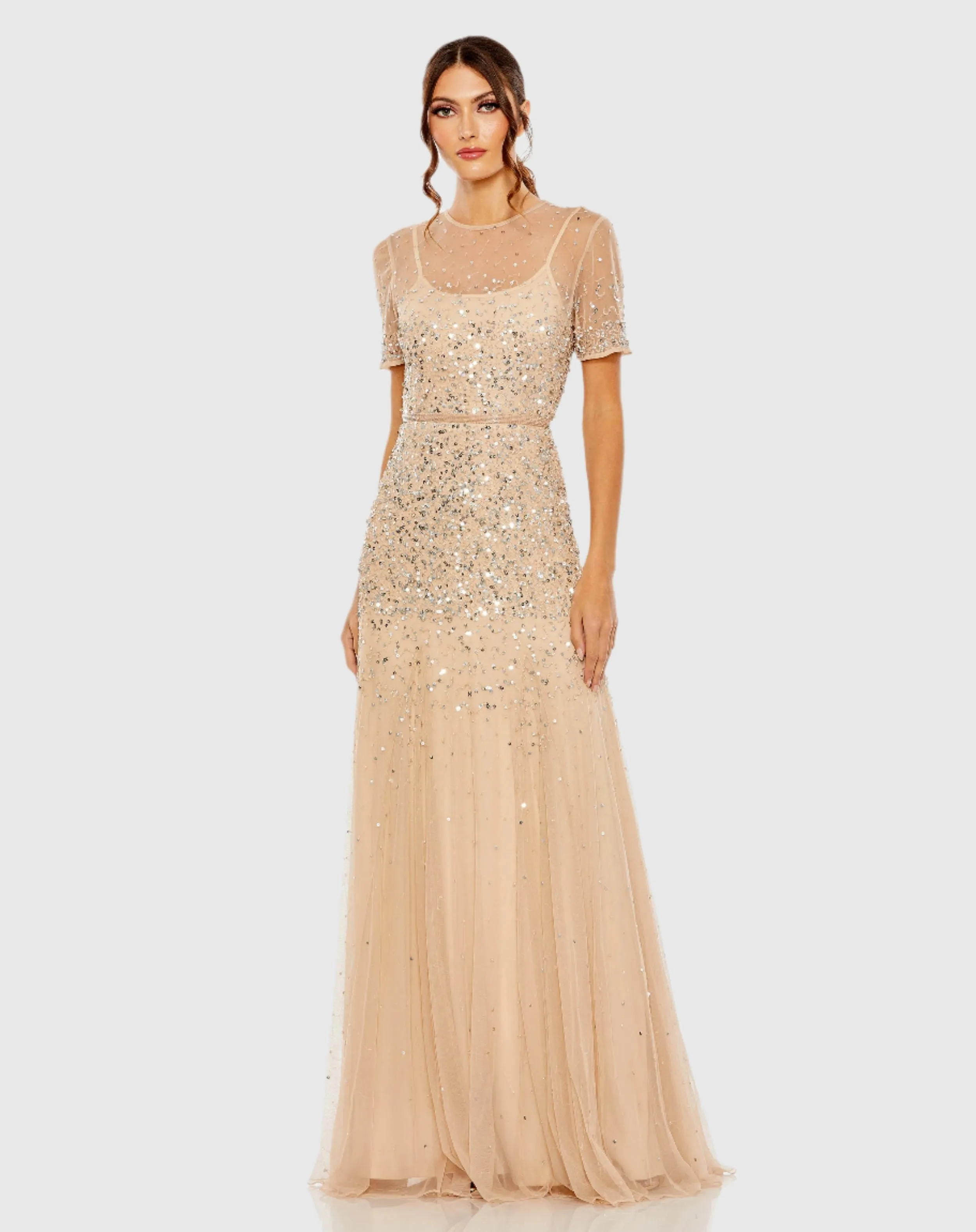 High Neck Short Sleeve Sequin Embellished Gown sold by Mac Duggal