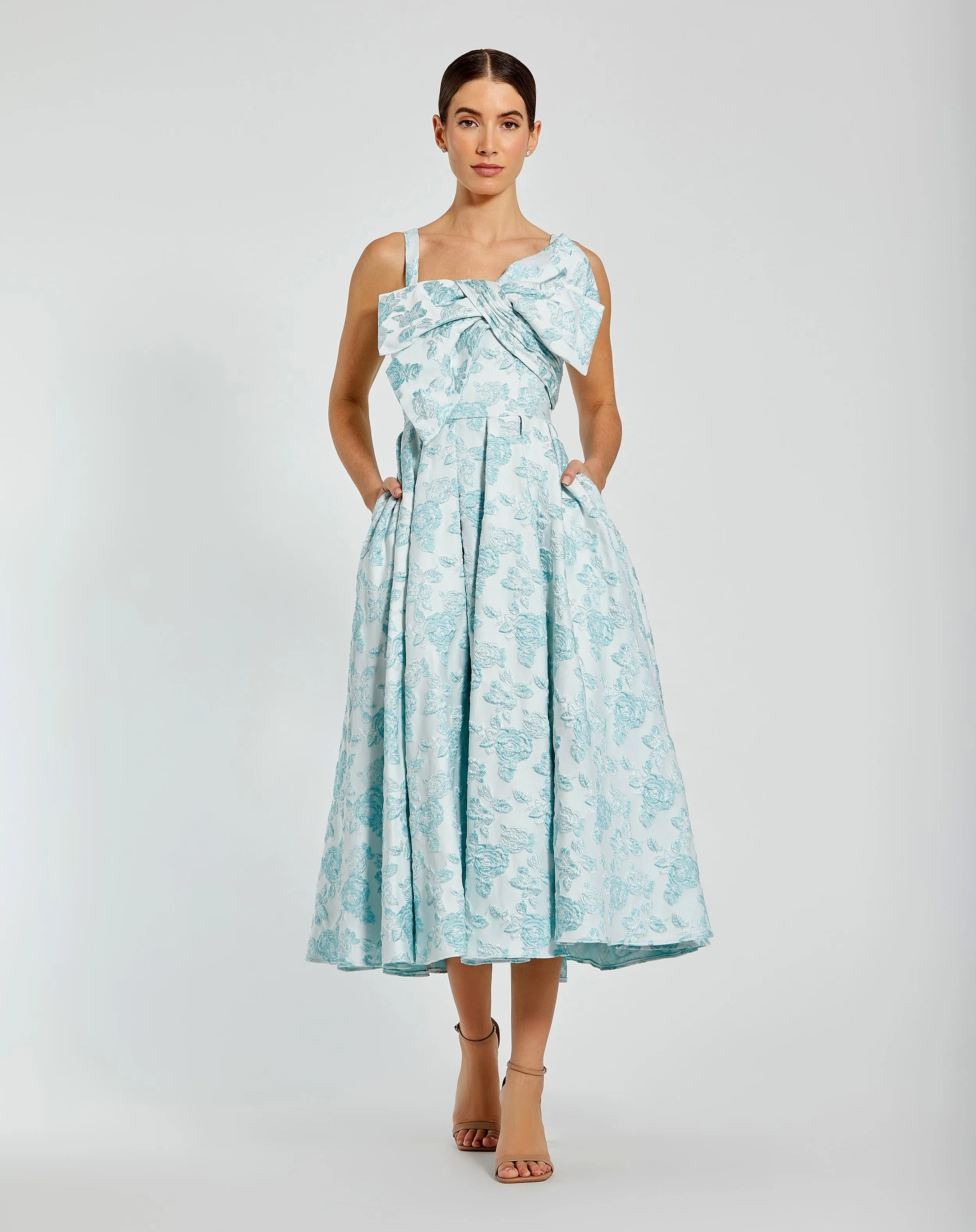 Blue Sleeveless Large Bow Detail Floral Brocade Dress sold by Mac Duggal