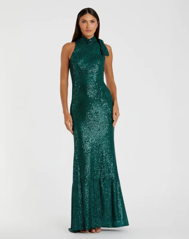 Sequined Soft Tie Halter Neck Column Gown sold by Mac Duggal