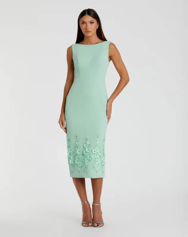 Green Crepe Sleeveless Midi Dress With Flower Beading sold by Mac Duggal
