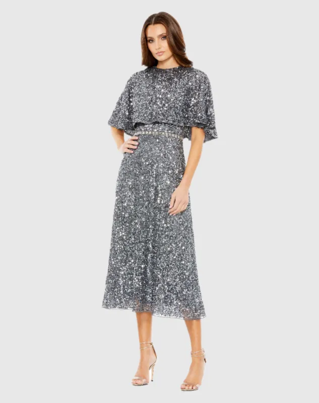 Embellished Cape High Neck Midi Dress sold by Mac Duggal