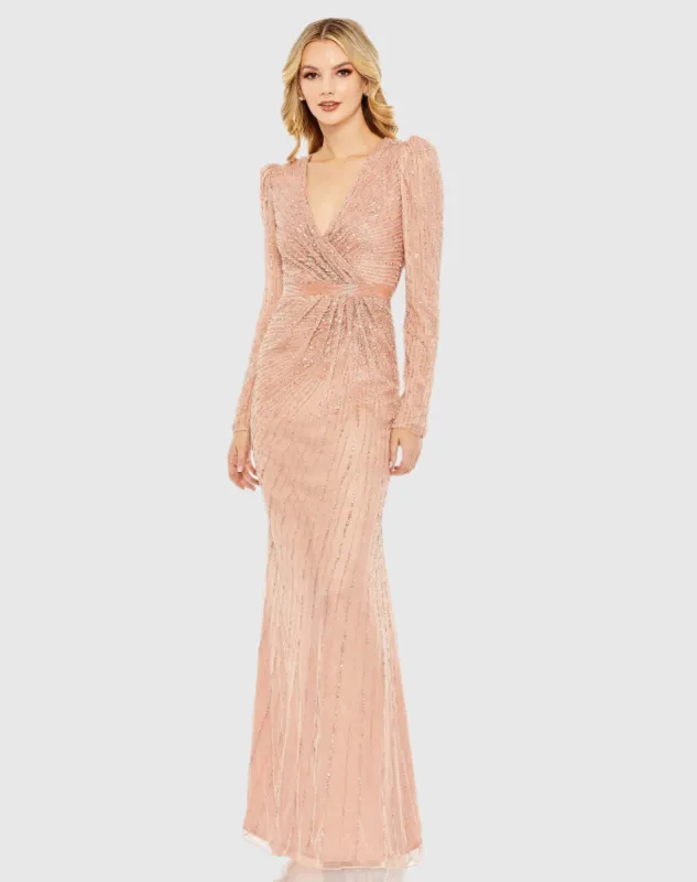 Sequined Wrap Over Long Sleeve Gown sold by Mac Duggal