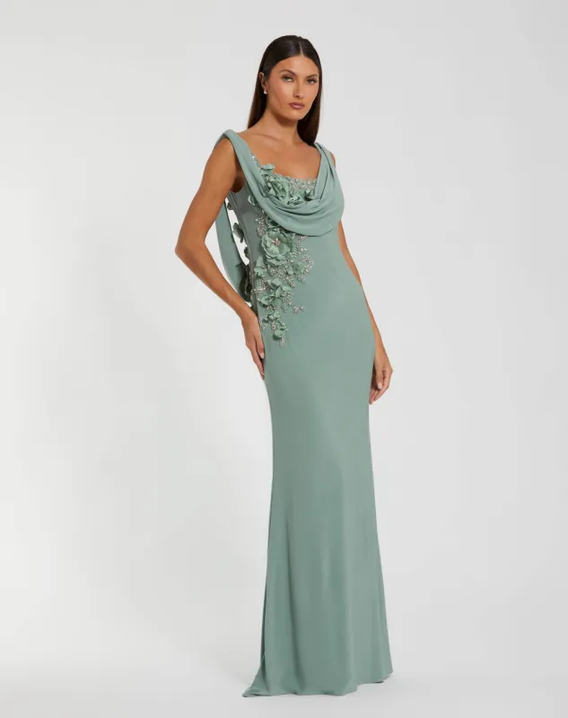 Green Sleeveless Jersey Cowl Neck Gown With Beading sold by Mac Duggal