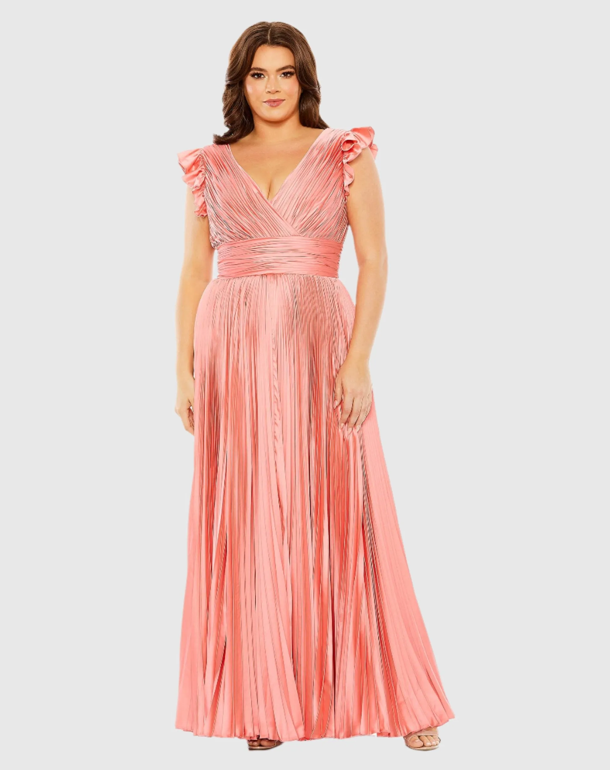 Flutter Sleeve Pleated V-Neck Gown (Plus) sold by Mac Duggal