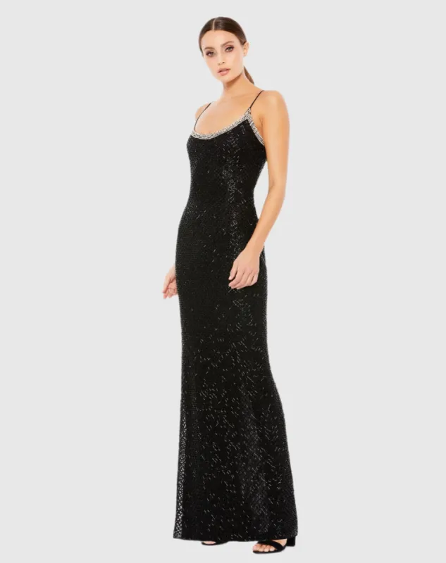 Black Beaded Spaghetti Strap Column Gown sold by Mac Duggal