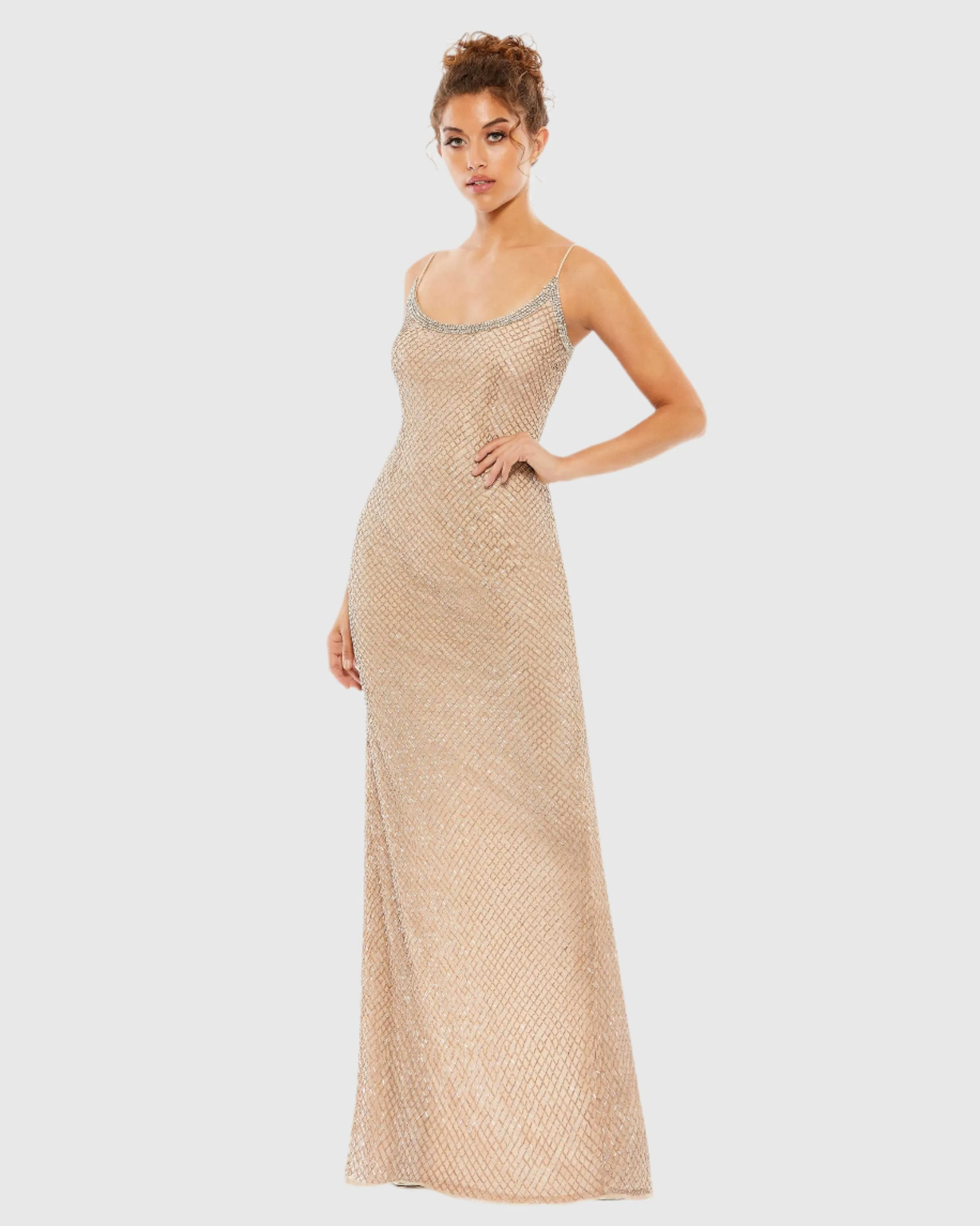Beige Beaded Spaghetti Strap Column Gown sold by Mac Duggal