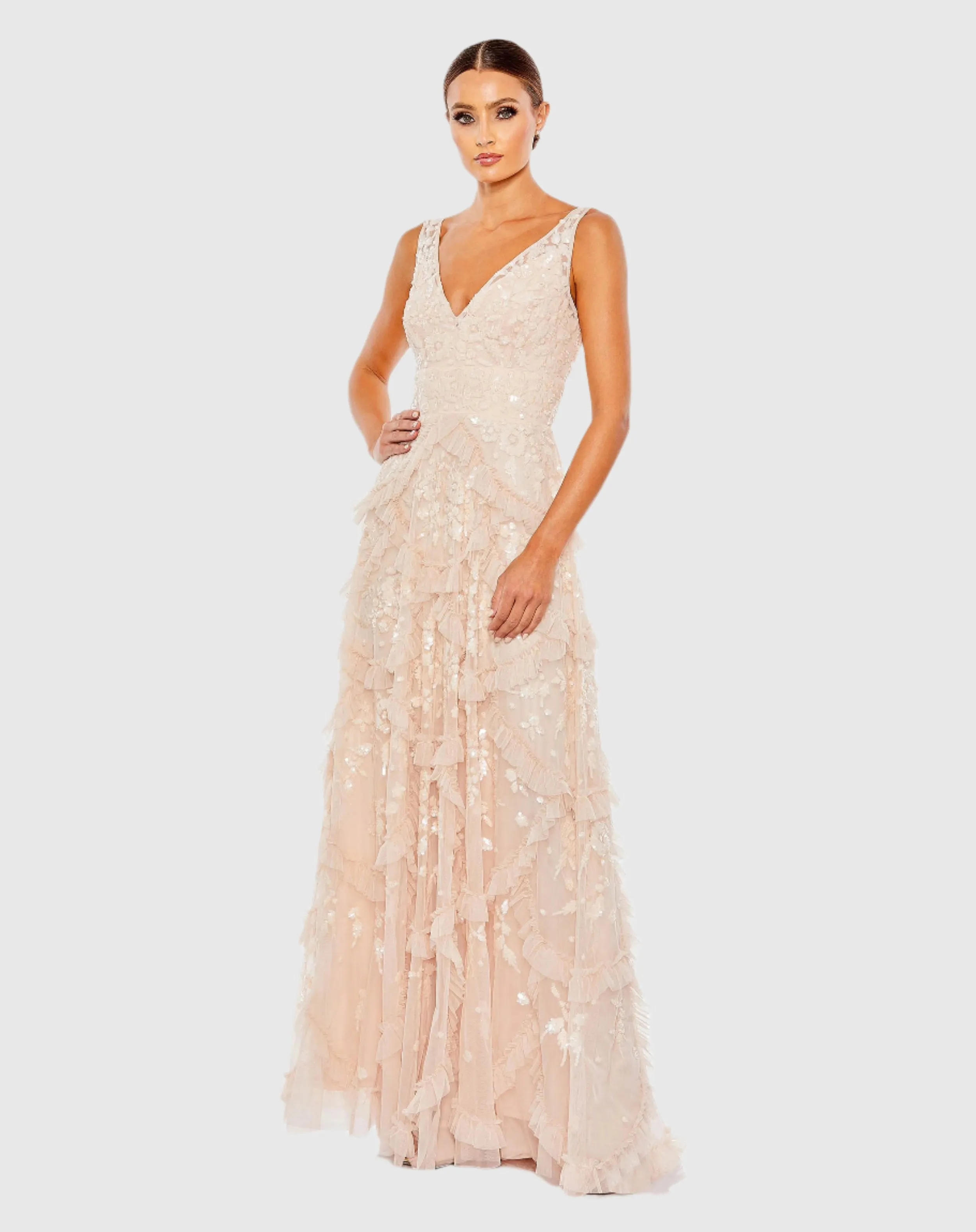 Sequined Scallop Ruffle Tiered V-Neck Gown sold by Mac Duggal product image thumbnail 2