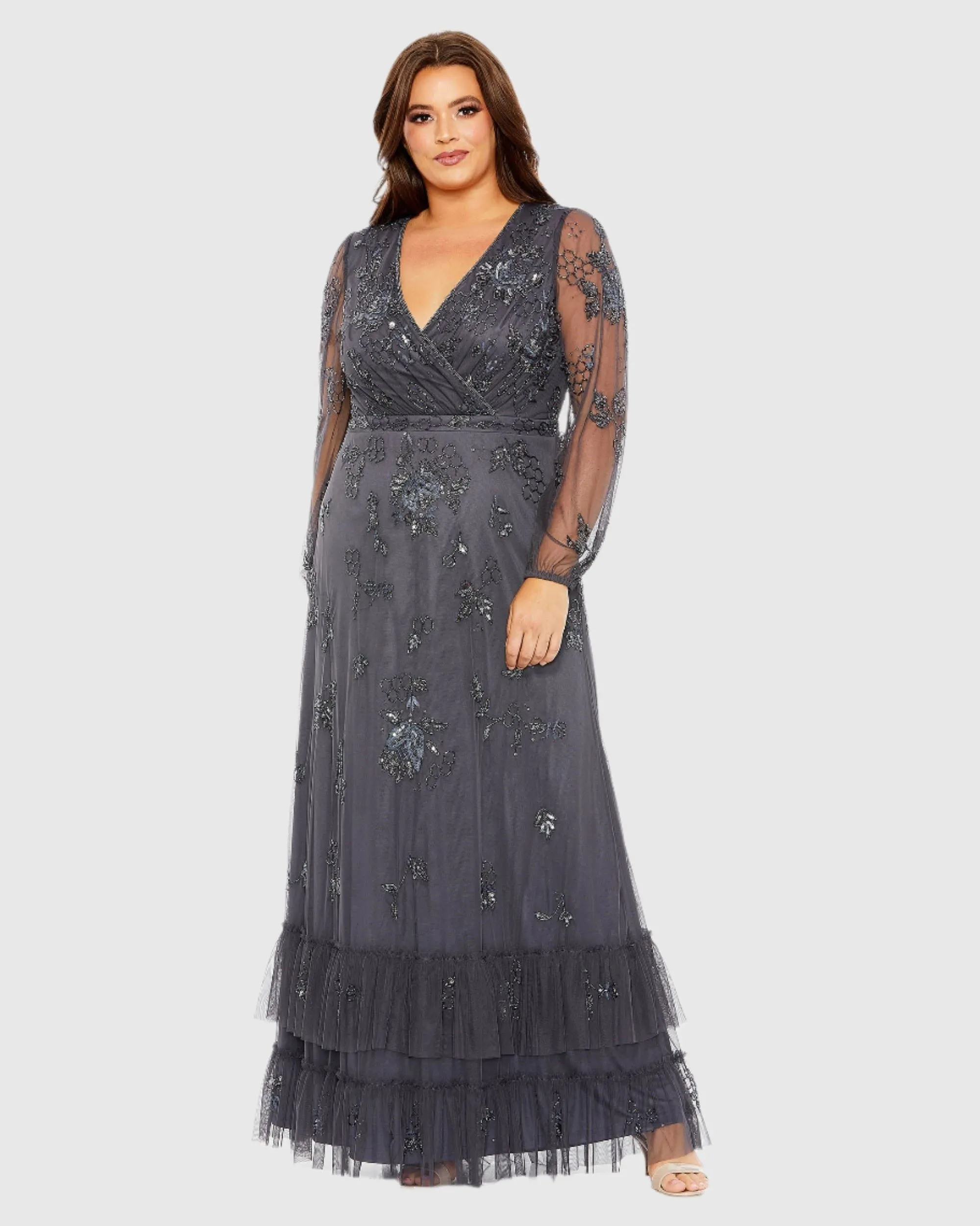 Puff Sleeve V-Neck Tiered Embellished Gown sold by Mac Duggal product image thumbnail 2