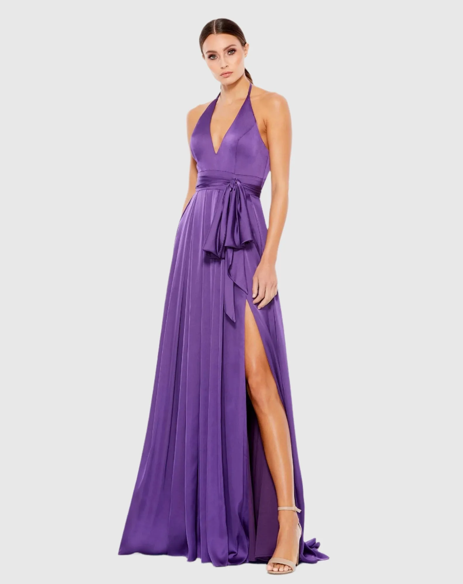 Purple Halter Neck Charmeuse Gown sold by Mac Duggal