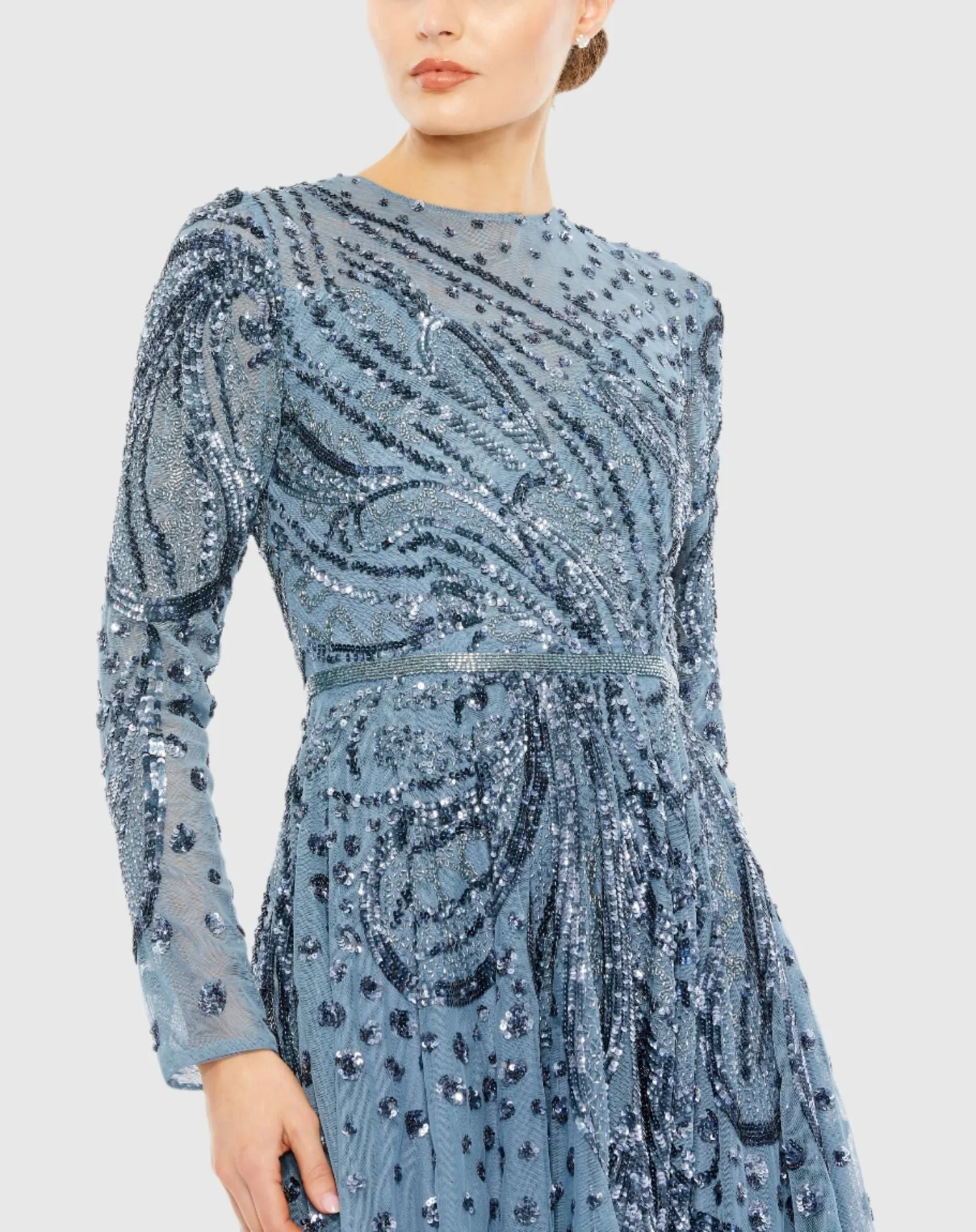 Blue Embellished Illusion High Neck Long Sleeve Dress - FINAL SALE sold by Mac Duggal product image thumbnail 2