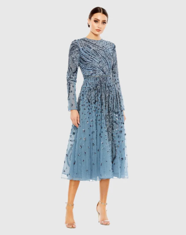 Blue Embellished Illusion High Neck Long Sleeve Dress sold by Mac Duggal