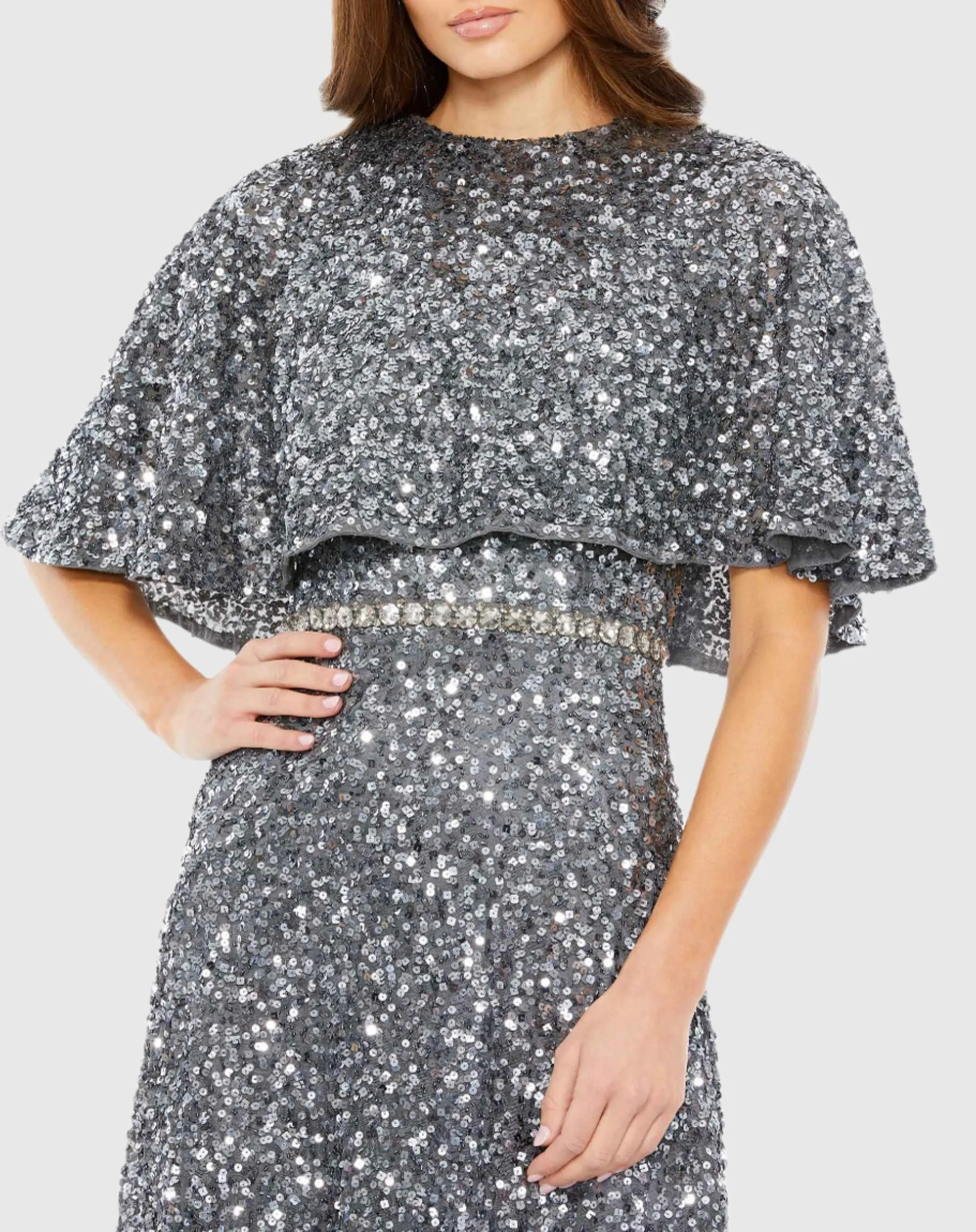 Gray Embellished Cape High Neck Midi Dress sold by Mac Duggal product image thumbnail 2