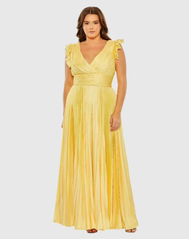 Yellow Flutter Sleeve Pleated V-Neck Gown (Plus) sold by Mac Duggal