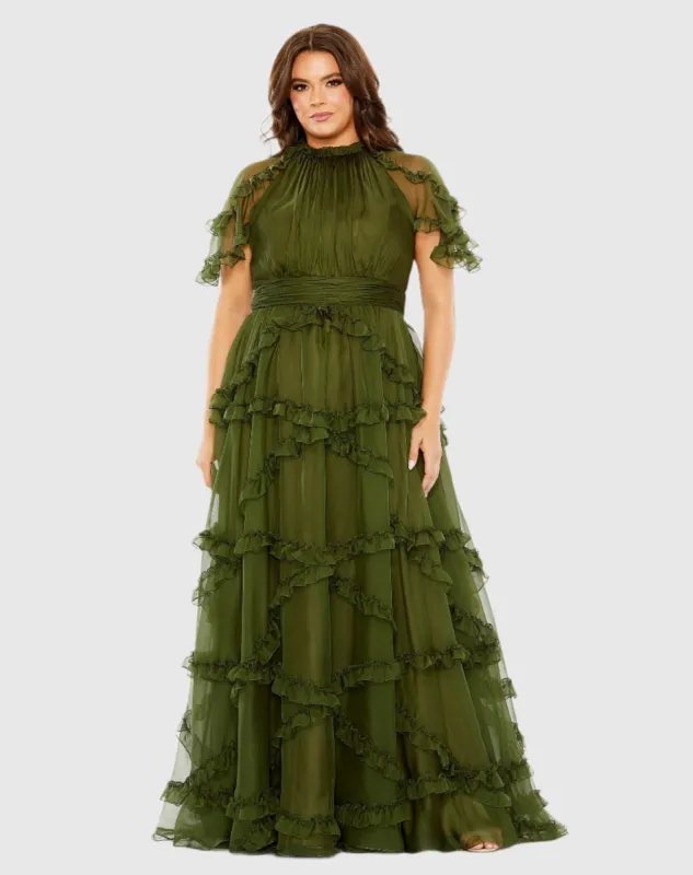 Green High Neck Ruffle Tiered Flutter Sleeve Gown sold by Mac Duggal