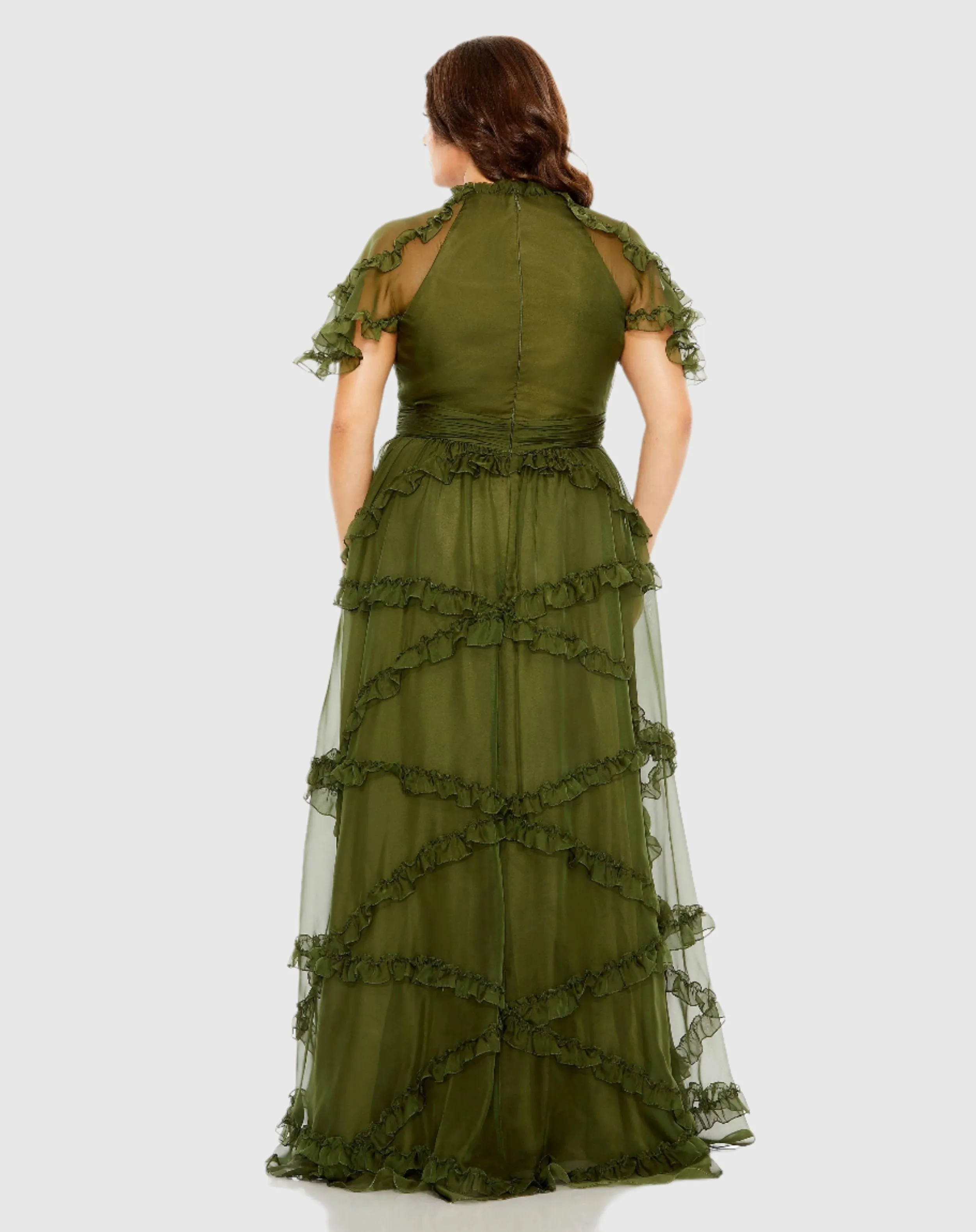 Green High Neck Ruffle Tiered Flutter Sleeve Gown sold by Mac Duggal product image thumbnail 3