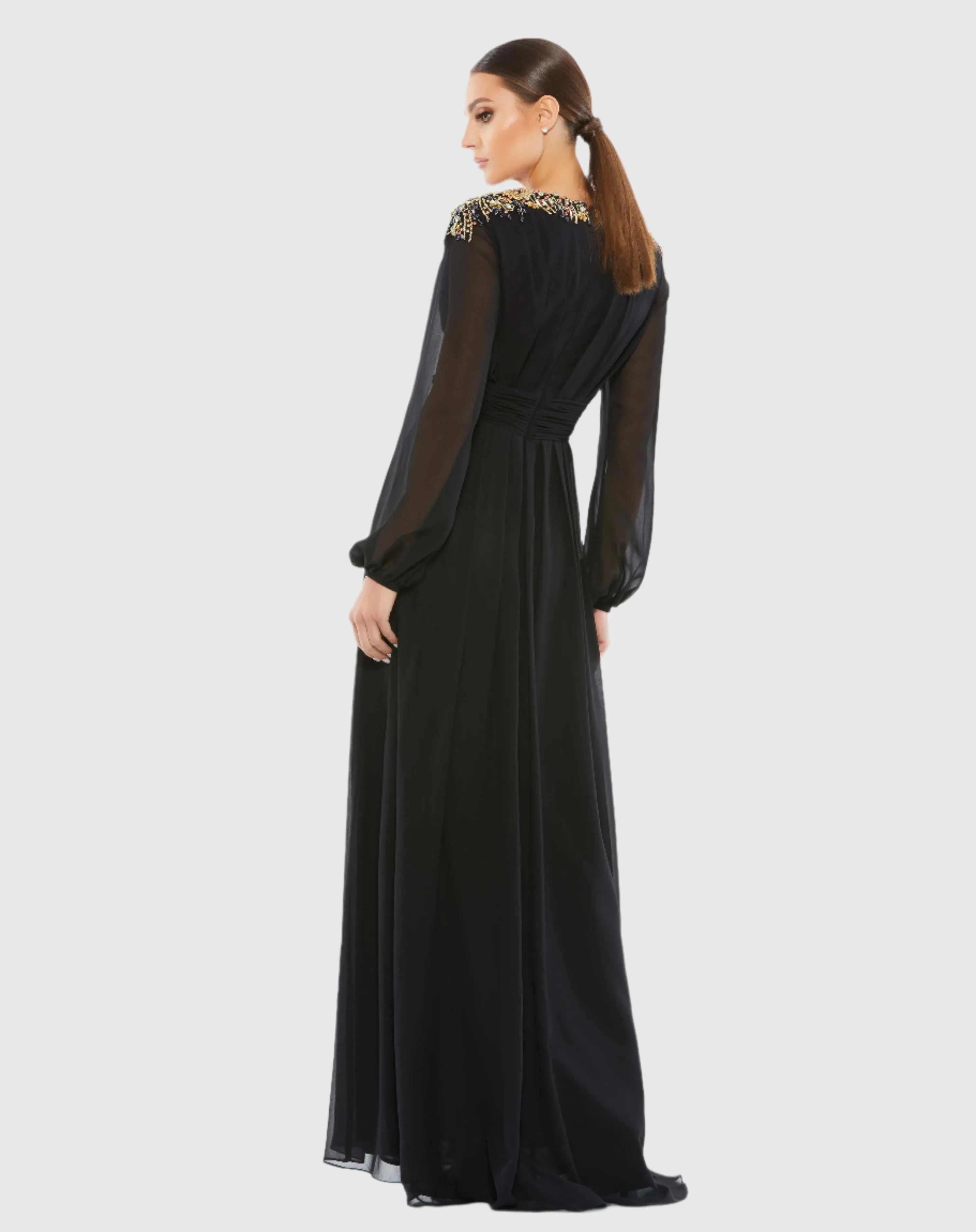 Black Embellished Shoulder Blouson Sleeve Evening Gown sold by Mac Duggal product image thumbnail 3