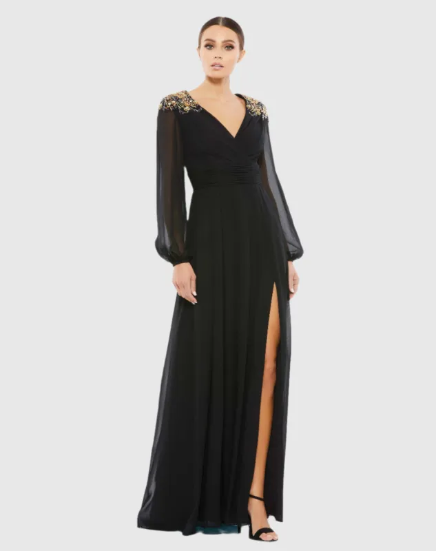 Black Embellished Shoulder Blouson Sleeve Evening Gown sold by Mac Duggal