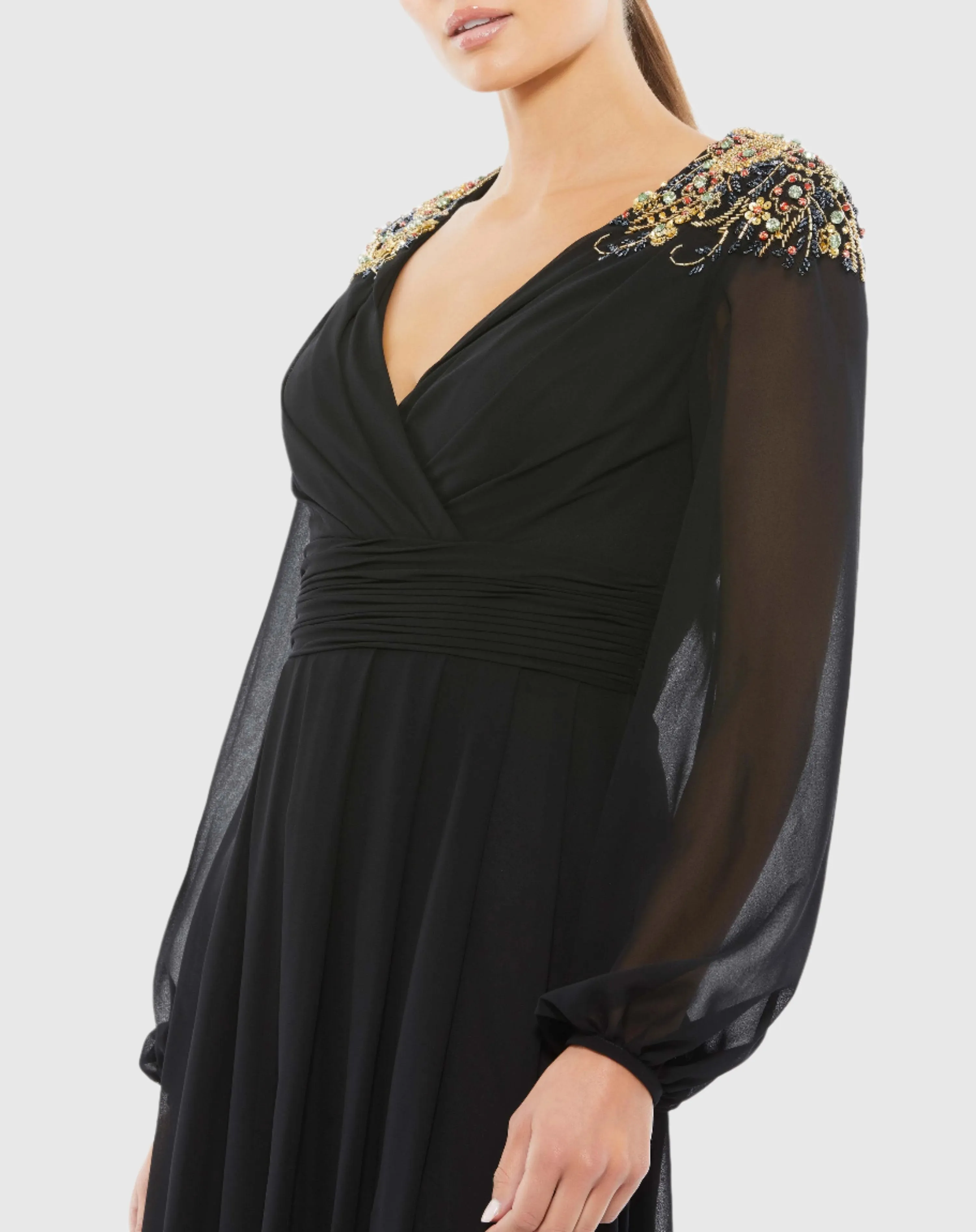 Black Embellished Shoulder Blouson Sleeve Evening Gown sold by Mac Duggal product image thumbnail 2