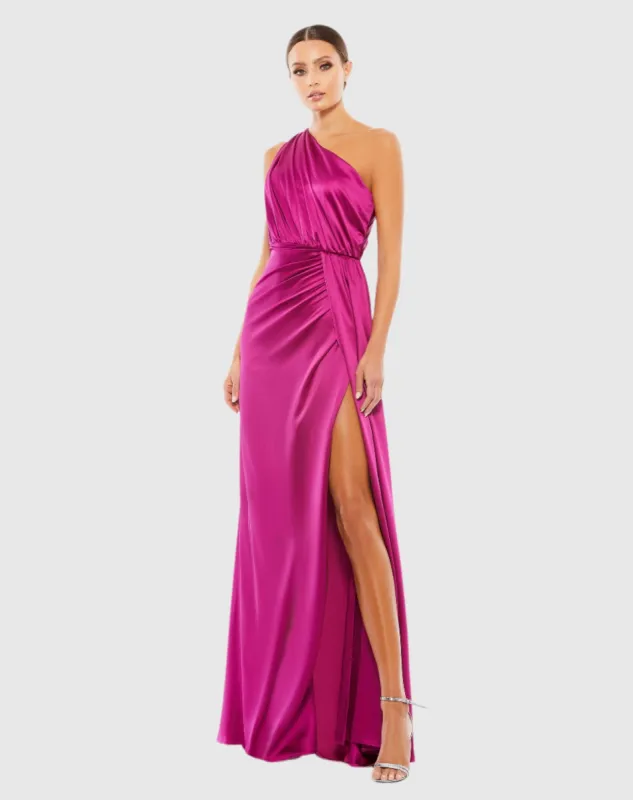 Gathered One Shoulder Satin Faux Wrap Gown sold by Mac Duggal