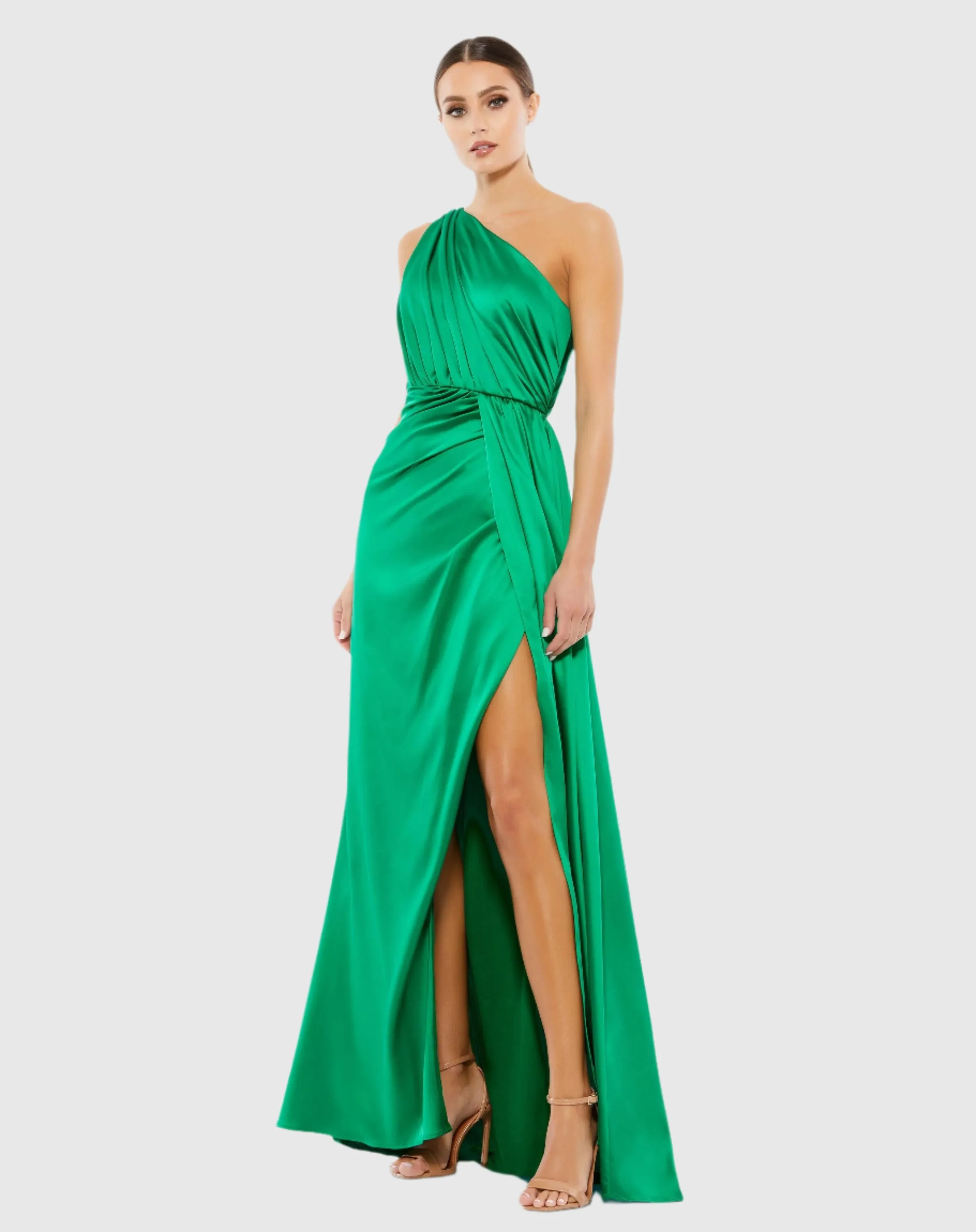 Gathered One Shoulder Satin Faux Wrap Gown sold by Mac Duggal product image thumbnail 3